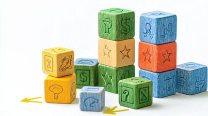 Obraz premium Colorful educational blocks with symbols for learning and development, boosting creativity and cognitive skills for young children. Educational toys.