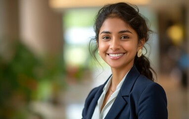 Portrait of a smiling, beautiful young Indian business woman in a suit with an blurred office background.
