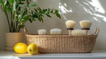 eco basket with cleaning brushes, lemon