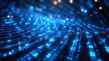 Abstract illustration of a digital data technology concept with a background of blue binary code and a matrix of random binary data.