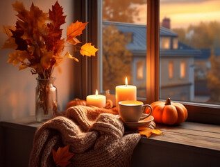 Autumn windowsill with cup of hot coffee, candles, pumpkins laying on woolen scarf