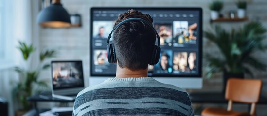 A man sits in front of a computer screen, wearing headphones, looking at a video with multiple images.
