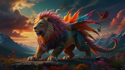 A majestic lion with colorful feathers and wings stands on a rocky outcrop, facing the viewer with a powerful roar. The setting sun casts a warm glow over the mountainous landscape.