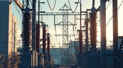 Power Lines and Transformers at Sunset