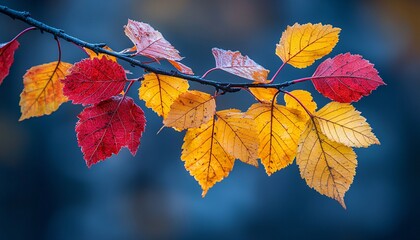 Obraz premium Serene Autumn Bliss - Vibrant Colorful Leaves Falling from Tree Branch in Soft Focus Background, Creating Nostalgic Ambiance, Medium Shot Photo