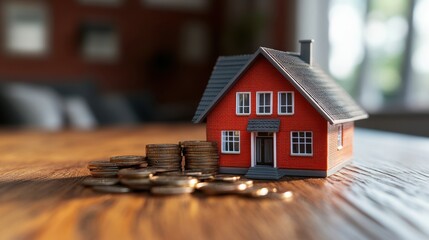 A compelling image of a home model placed beside a stack of coins, highlighting the concept of saving for a mortgage or real estate investment.