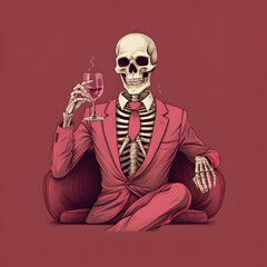Skeleton wearing pink suit drinking wine