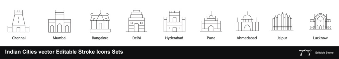 Indian Cities vector Editable Stroke Icons Sets