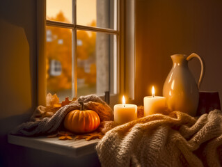 still life with candle and pumpkin