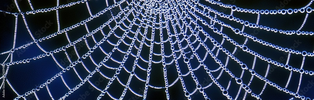 Poster mesmerizing spider web with dew drops in dark background