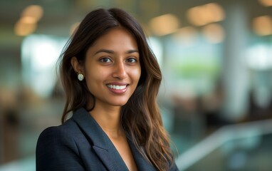 Obraz premium Portrait of a smiling, beautiful young Indian business woman in a suit with an blurred office background.