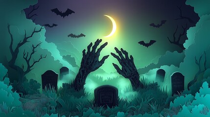 Obraz premium A pair of zombie hands emerging from a grave, paper-cut style, crescent moon glowing softly, fog swirling around the tombstones, bats flying in the background, sharp paper edges and deep shadows,