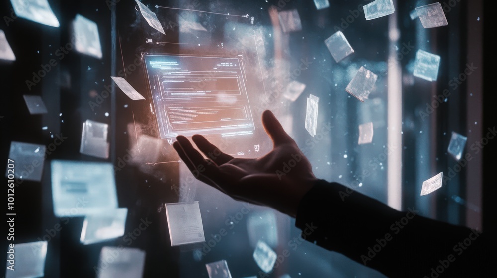 Poster a dynamic scene of a man hand interacting with a holographic interface displaying a document managem