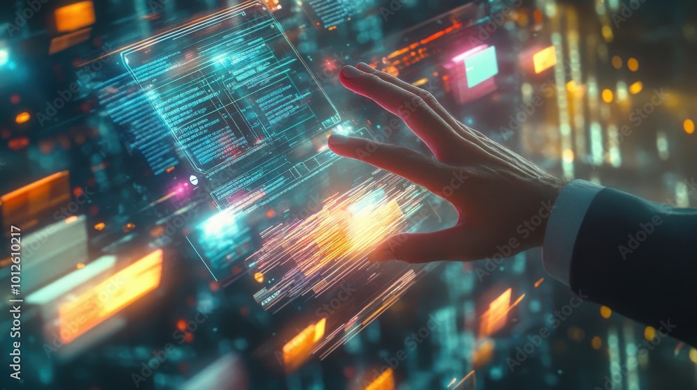 Poster a dynamic scene of a man hand interacting with a holographic interface displaying a document managem