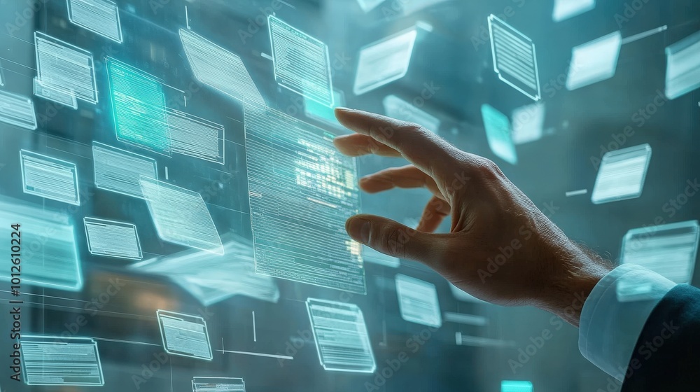 Poster a dynamic scene of a man hand interacting with a holographic interface displaying a document managem