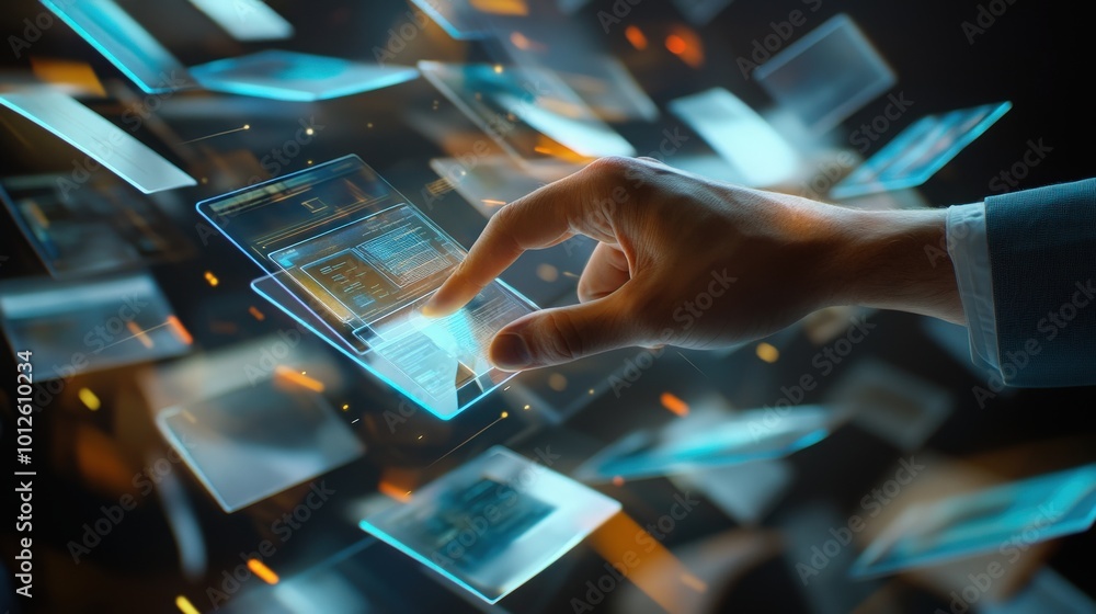 Poster a dynamic scene of a man hand interacting with a holographic interface showcasing a document managem
