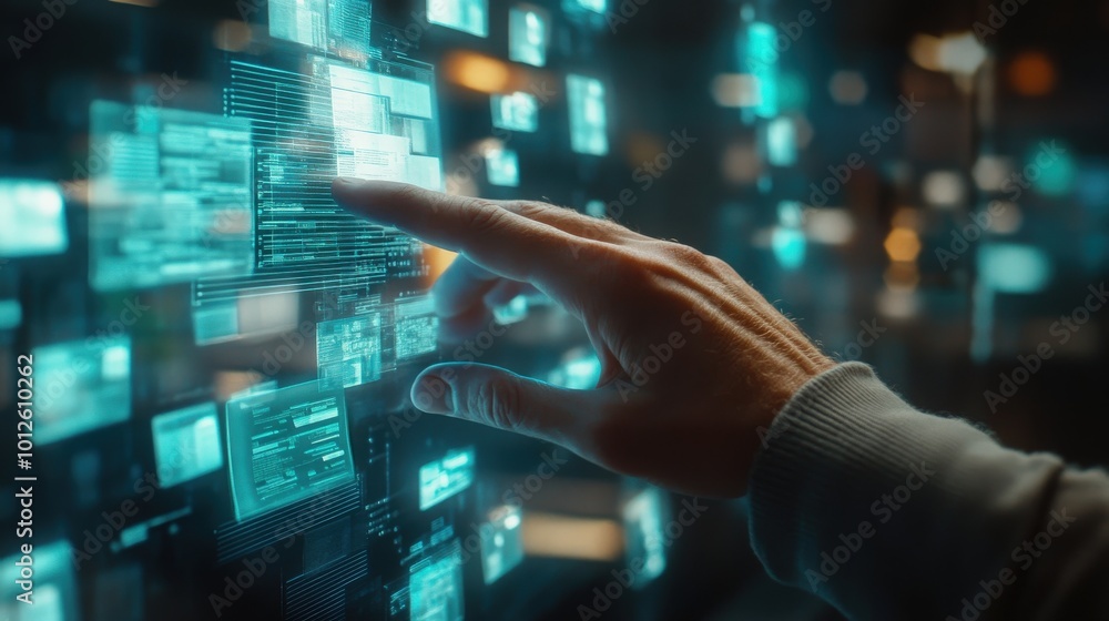 Poster a dynamic scene of a man hand interacting with a holographic interface showcasing a document managem