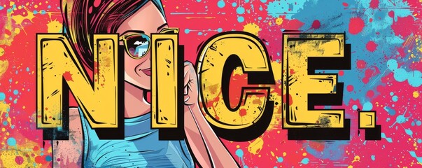 Playful pop art background featuring "NICE." Dynamic visuals, Comic book elements, Bright vector