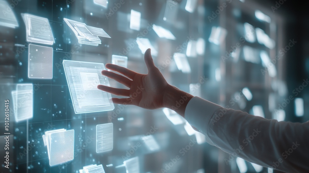 Poster a dynamic scene of a man's hand interacting with a holographic interface showing a document manageme