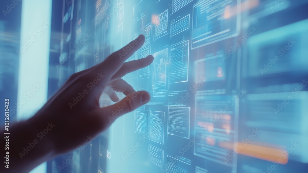 Poster a dynamic scene of a man's hand interacting with a holographic interface showing a document manageme