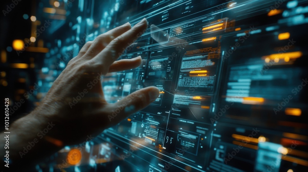 Poster a dynamic scene of a man's hand interacting with a holographic interface showing a document manageme