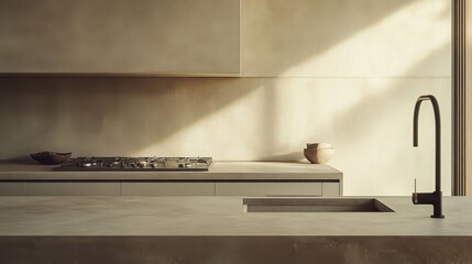 A minimalist home kitchen features a contemporary washbasin and gas stove, set against empty surfaces that embody the essence of simplicity and elegance in design