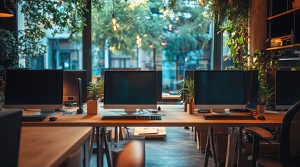 A modern coworking environment featuring warm wooden tones and a lineup of PC monitors. The panoramic window adds brightness and beauty,