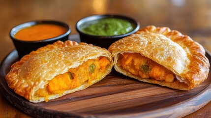 A crunchy Indian samosa split open to reveal a spicy vegetable filling, served on a wooden plate with vibrant dipping sauces