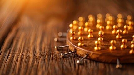 Visual representation of hierarchical structure in a company, with a topdown format using gold wires and nails on wooden surface. Shallow DOF.