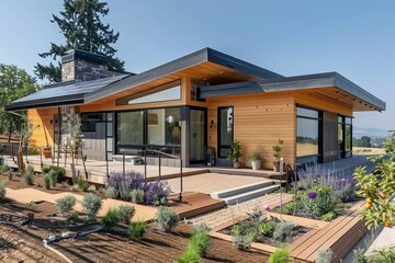 Fototapeta premium Luxury house with solar panels on the roof, eco friendly