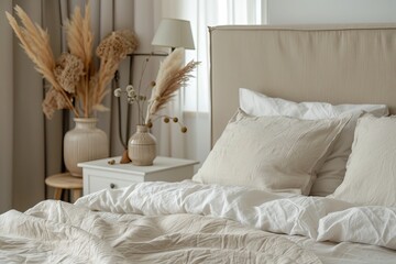 Modern house interior of a simple cozy beige bedroom