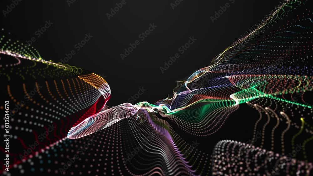 Poster futuristic video animation with particle wave object in slow motion, 4096x2304 loop 4k