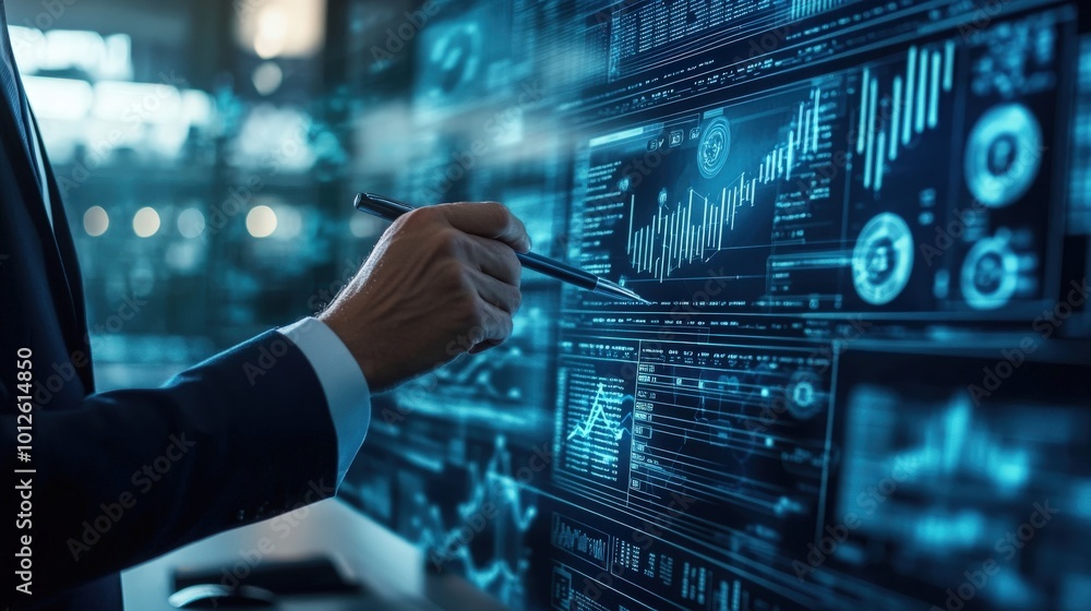 Poster a modern workspace features a man utilizing a pen to interact with a holographic document management