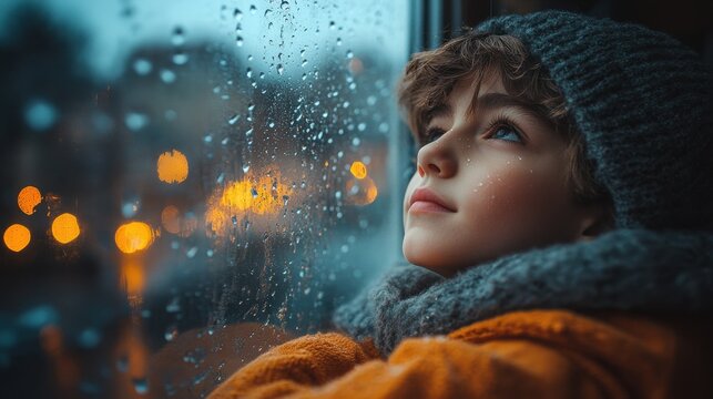 A wide view of a boy leaning against the window, with soft raindrops on the glass and the cozy room filled with warm, inviting colors 