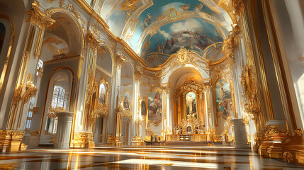 Obraz premium Luxurious interior with golden art and architecture, opulent design in a historic european building. Russian Cathedral. Illustration