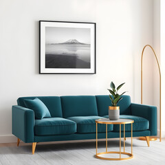 A blue couch with a gold lamp on it and a picture on the wall