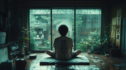 A wide view of a nostalgic 80’s Japanese cartoon-style room, the boy sitting cross-legged on a window bench, gazing at the rain outside with soft, muted lighting 
