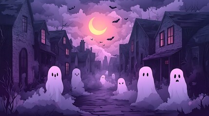 A spooky alleyway with ghostly figures drifting through, paper-cut style, the crescent moon faintly glowing in the sky, eerie fog rolling in, bats flying in the distance,