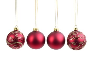Glitter Christmas Ball Ornaments Shiny red Christmas balls with delicate gold ornament details, hung with gold satin ribbon. Displayed on a clean white background