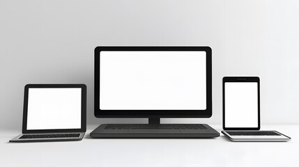 Tablets, mobile phones, laptops and monitors with glossy black bodies and blank white screens on white backgrounds