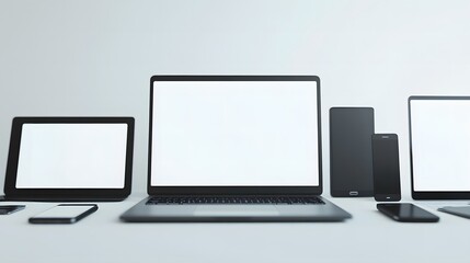 Fototapeta premium Tablets, mobile phones, laptops and monitors with glossy black bodies and blank white screens on white backgrounds