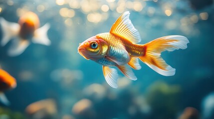 Obraz premium In a clear blue ocean, orange and white goldfish swim.