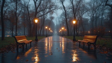 A wide-angle shot of a city park at night during a rainstorm, with empty benches, wet paths, and glowing lamps casting soft light 