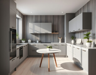 Fototapeta premium A kitchen with a table and a potted plant on the table