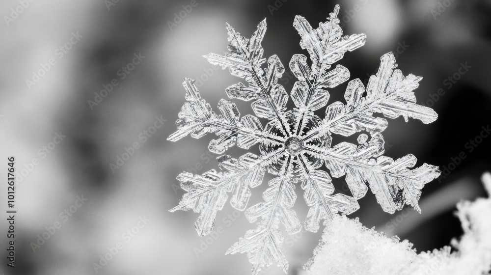 Poster a close-up of a delicate snowflake with a blurred background.