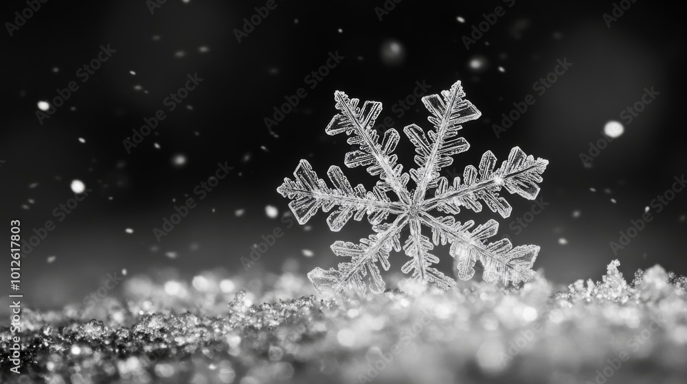 Aufkleber a close-up of a single snowflake resting on a bed of snow, with a dark background and bokeh.