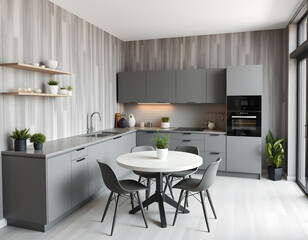 A kitchen with a table and a potted plant on the table