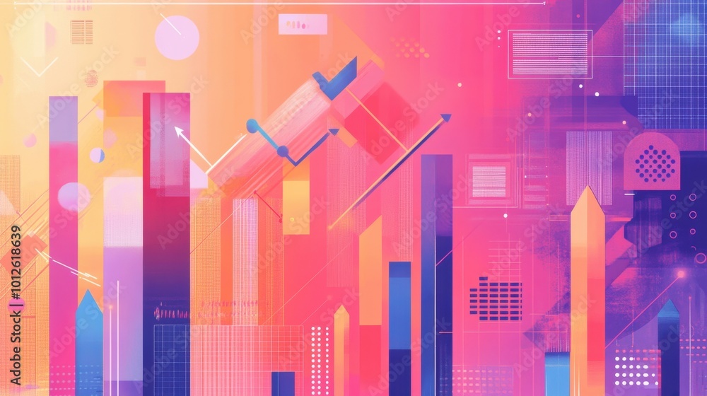Poster a dynamic finance backdrop integrating stats, candlesticks, bar charts, and an upward arrow, symboli