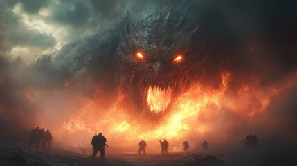 Fototapeta premium A wide-angle view of soldiers with heavy artillery fighting a massive monster with rage-filled eyes under a dark, stormy sky 