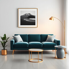A blue couch with a gold lamp on it and a picture on the wall